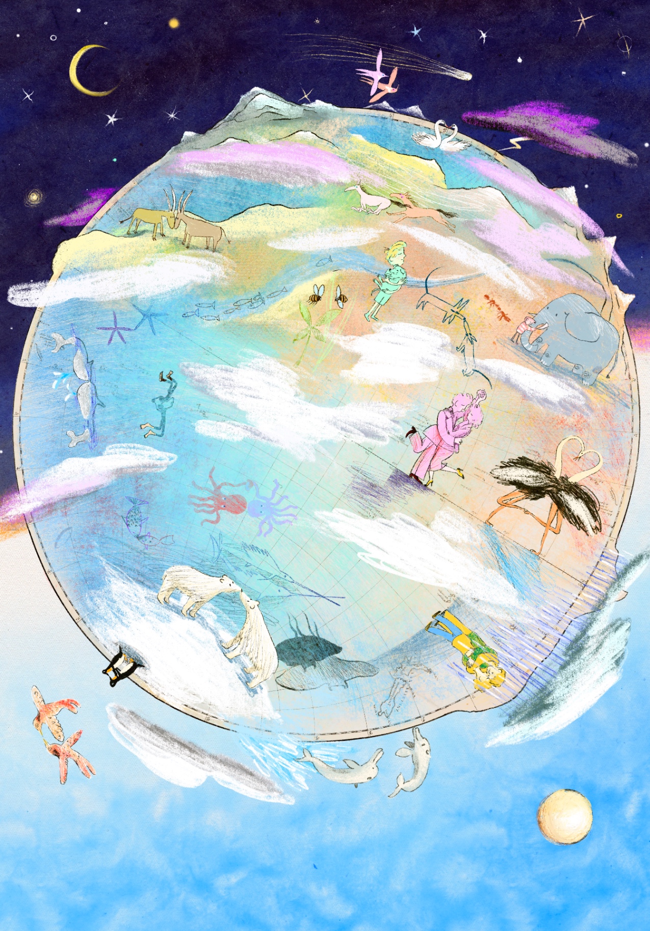 Illustration of a colourful world full of animals dancing on a globe under a starry sky