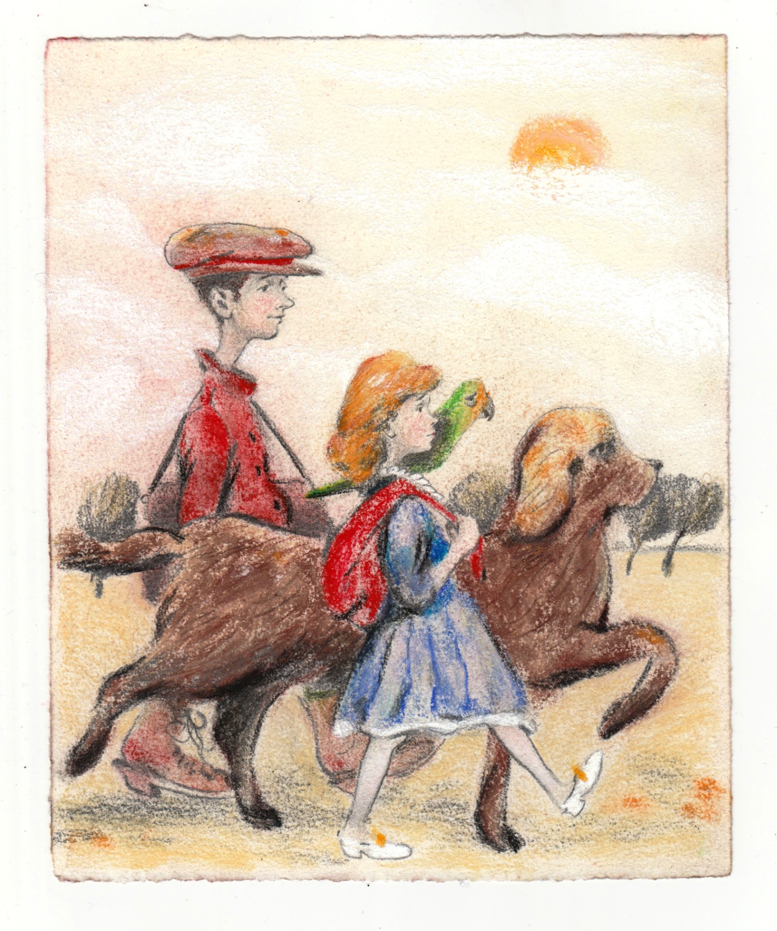 Illustration of a boy riding a big dog while a girl with a parrot walks beside it